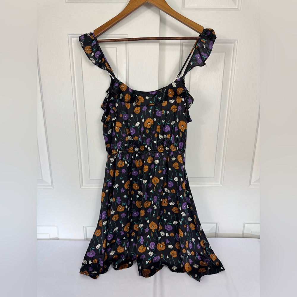 J.O.A. Los Angeles Ruffle Cold Shoulder Floral Summer Black Red Mini Dress Sz M